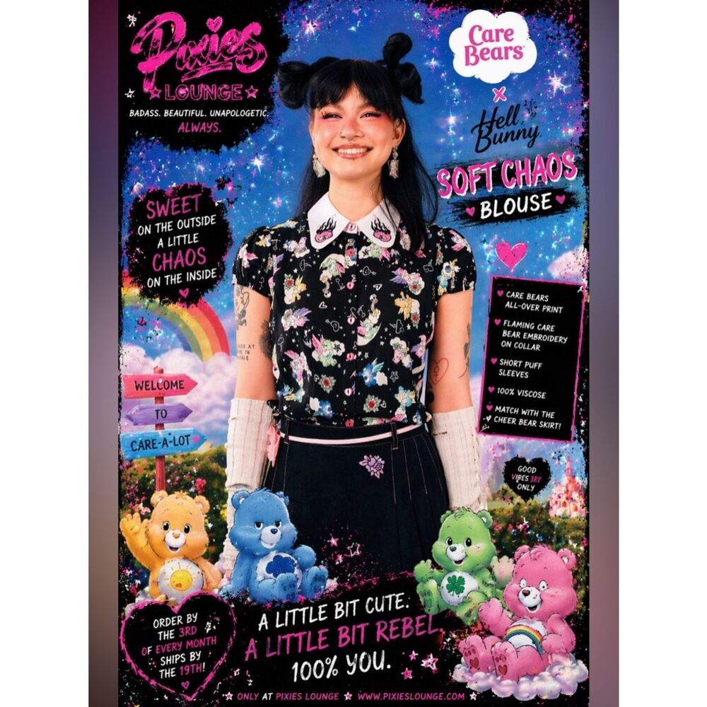 Care Bears x Hell Bunny Soft Chaos Multi Bear Roxi Collar Blouse
